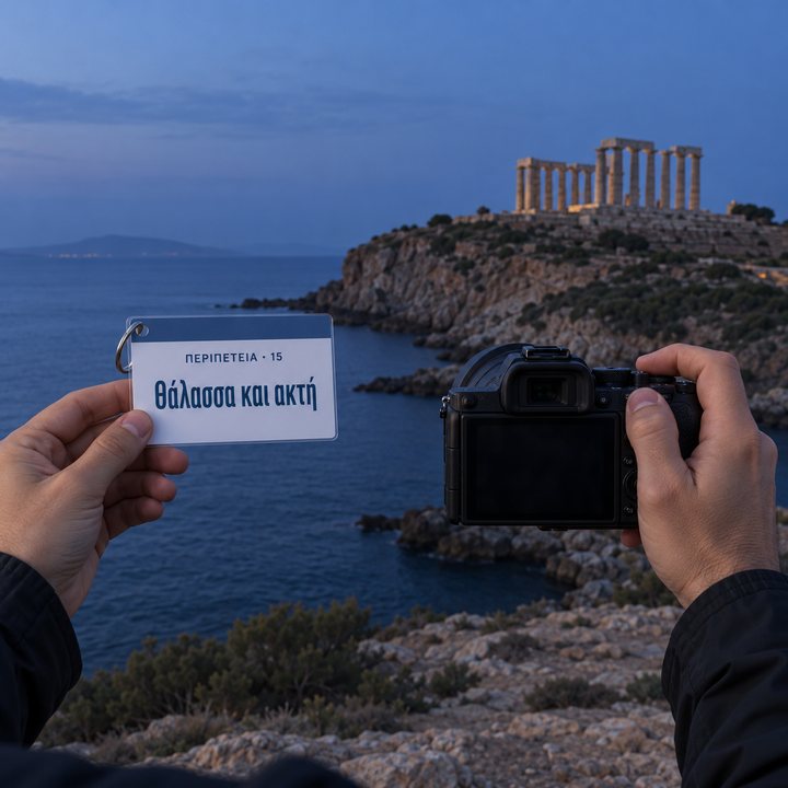 Χέρια κρατούν μια μηχανή στο Σούνιο μετά τη δύση του ήλιου, στο άλλο χέρι ένα σκονάκι «Θάλασσα και ακτή»