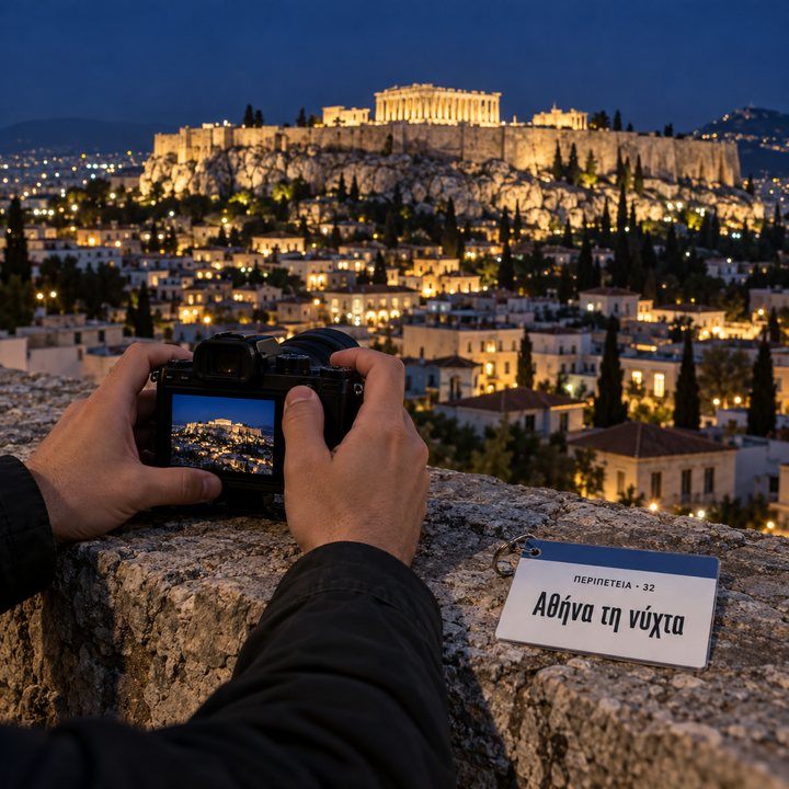 Χέρια στηρίζουν μια μηχανή σε πέτρινο τοιχίο, στο βάθος η φωτισμένη Ακρόπολη της Αθήνας, δίπλα το σκονάκι «Αθήνα τη νύχτα»