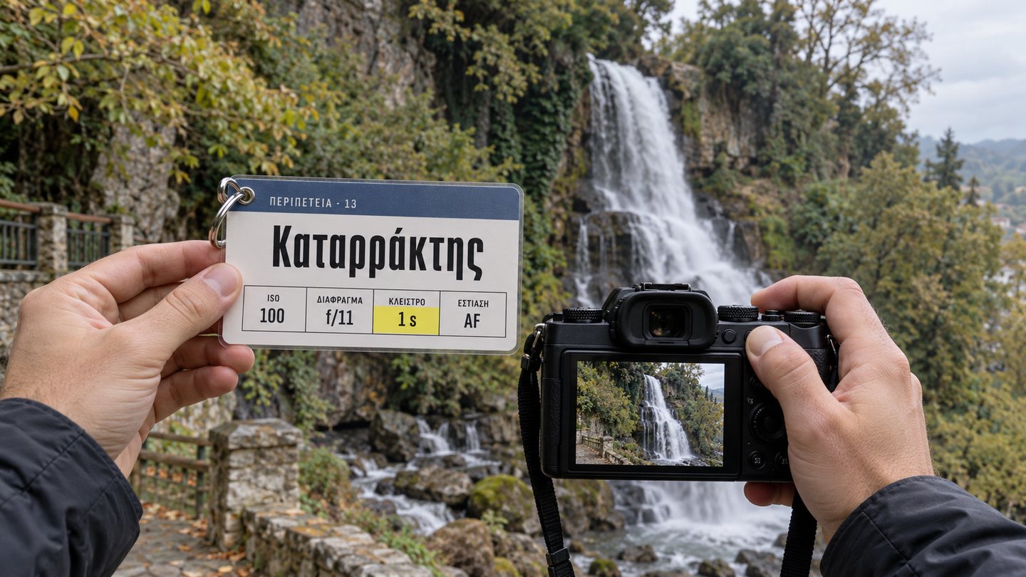Χέρια κρατούν μια μηχανή μπροστά σε καταρράκτη, και στο άλλο χέρι ένα σκονάκι «Καταρράκτης» με τέσσερις αριθμούς